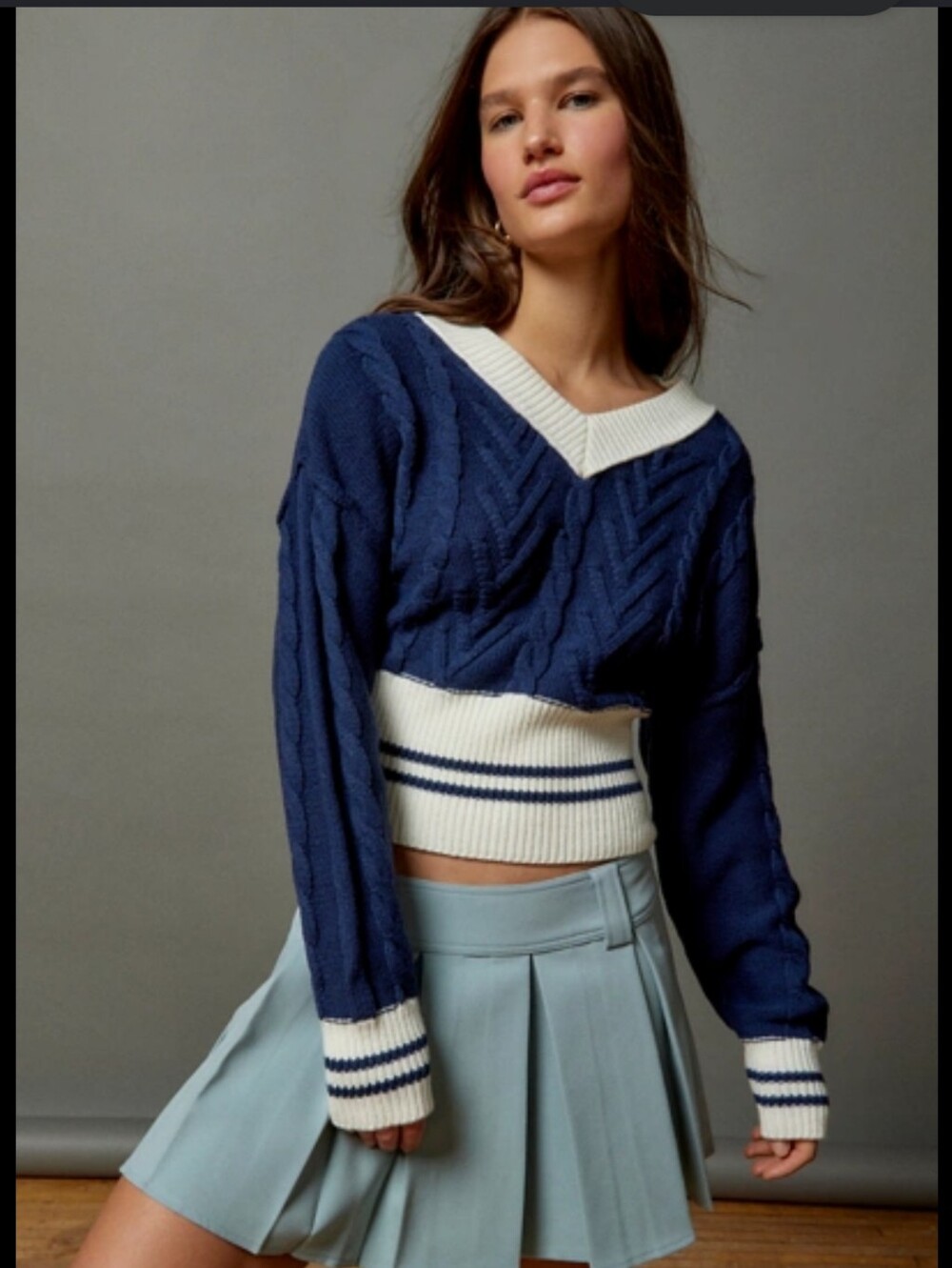 BDG Navy & Cream Cable-Knit V-Neck Sweater